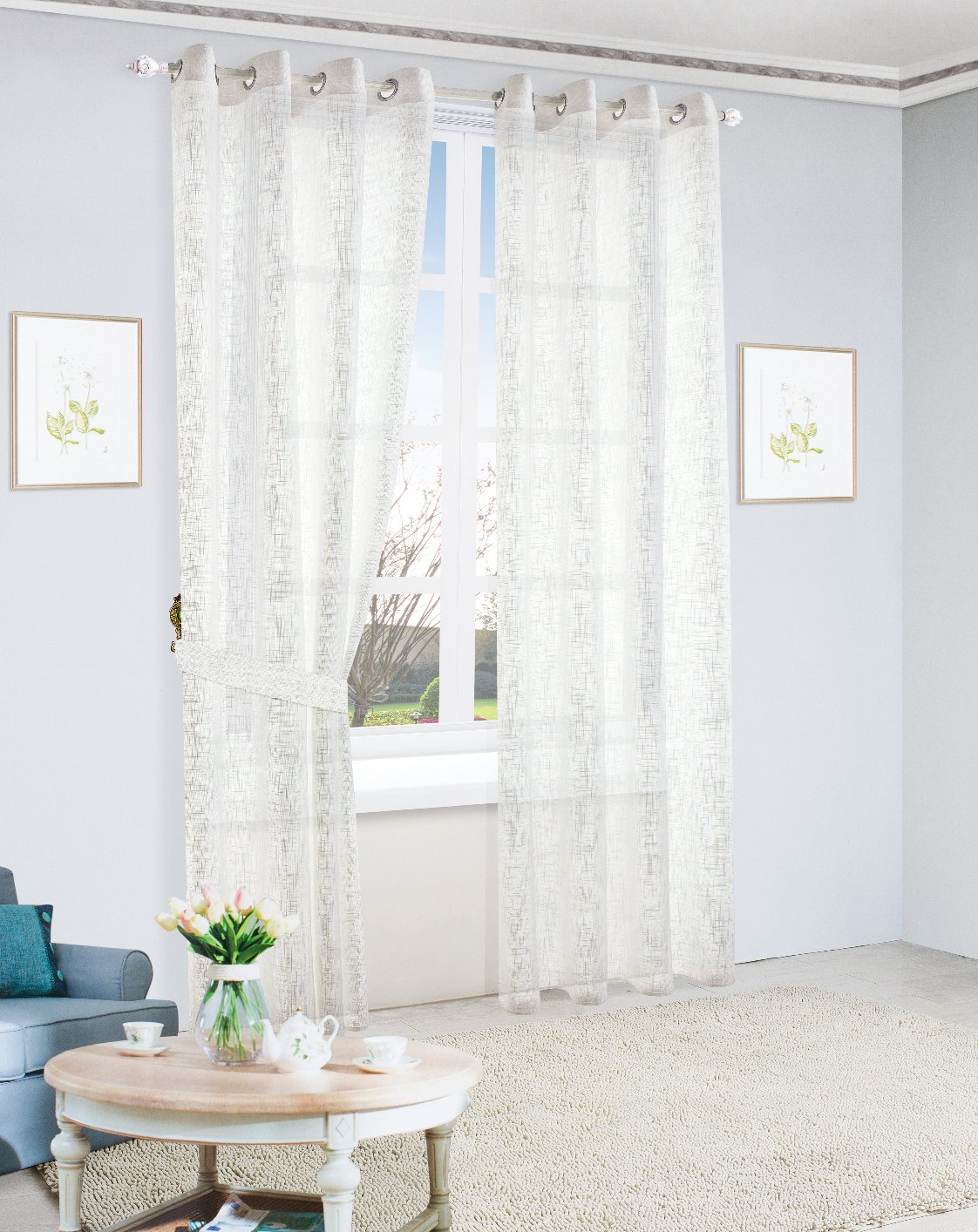 Tenda In Voile Ricamato Nova - Bianco, Con Diamanti E Apertura Superiore, 59x90 Cm, Pronta Da Appendere